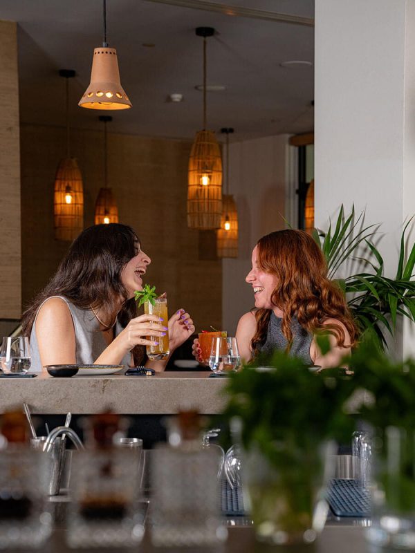 Two women talking and drinking cocktails