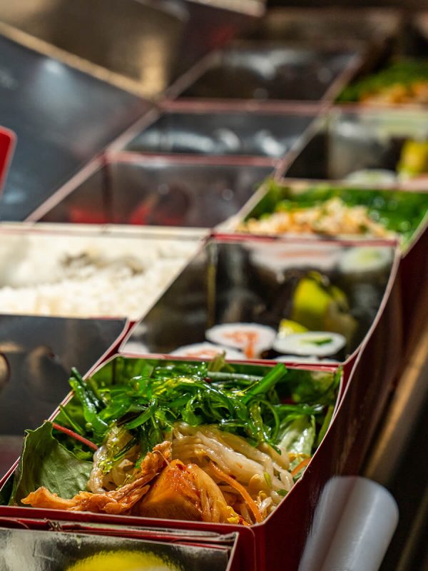 A row of food prepared for delivery
