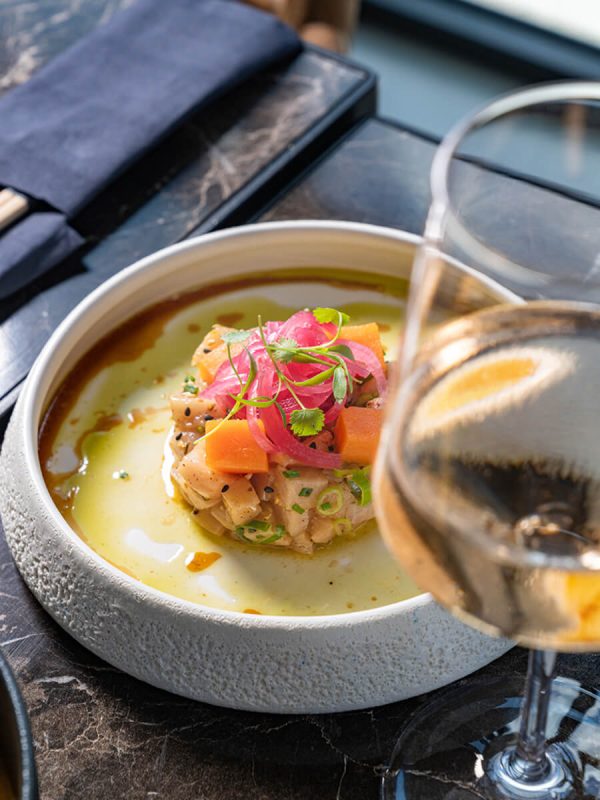 Wine glass paired with asian food